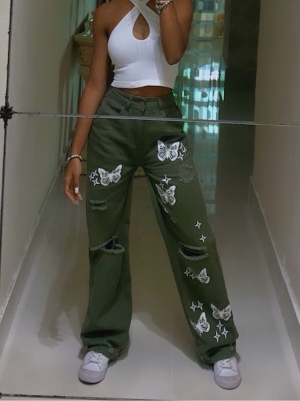 SHEIN Olive Green Butterfly Straight-Leg Pants